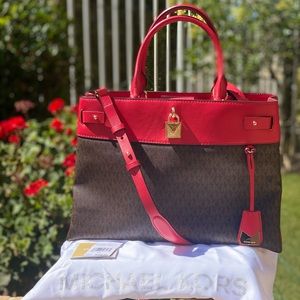 Michael Kors New with Tags.  Gramercy large satchel brown/bright red.  Stunner!